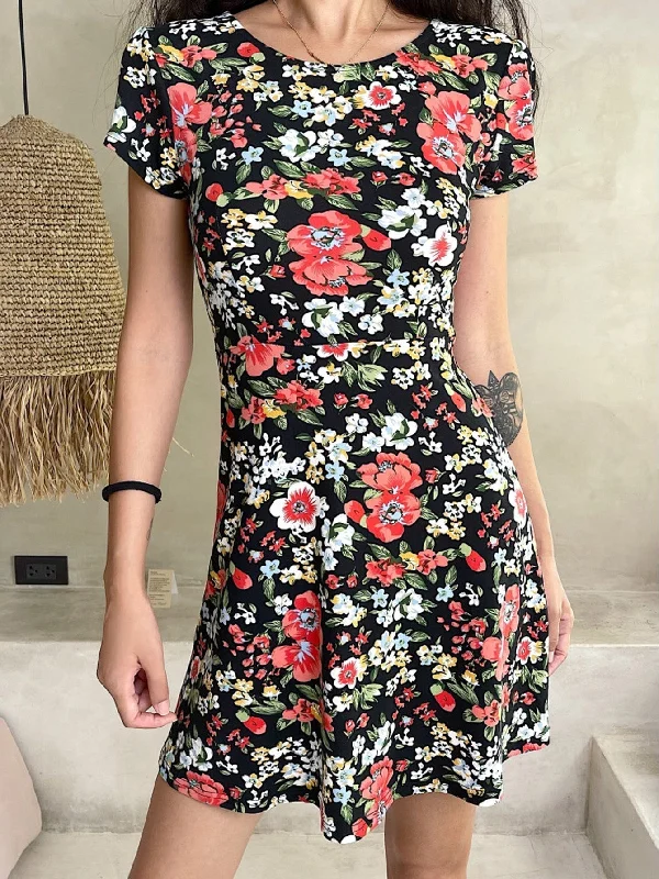 MegaBetty - Women Round Neck Short Sleeve Dress Slim Floral Print Dress