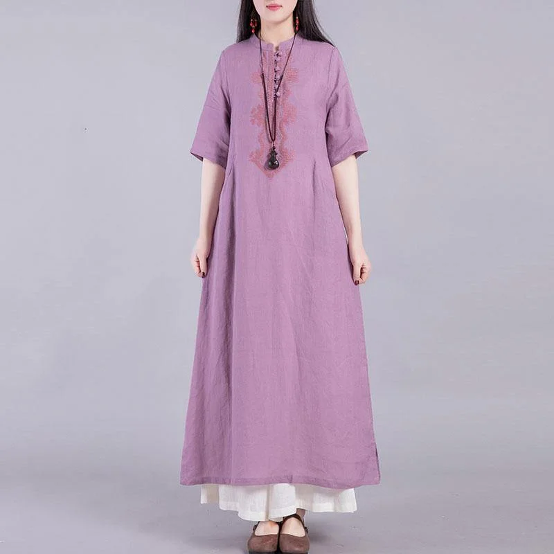 DIY Stand Collar Linen Clothes Outfits Purple Dresses Summer