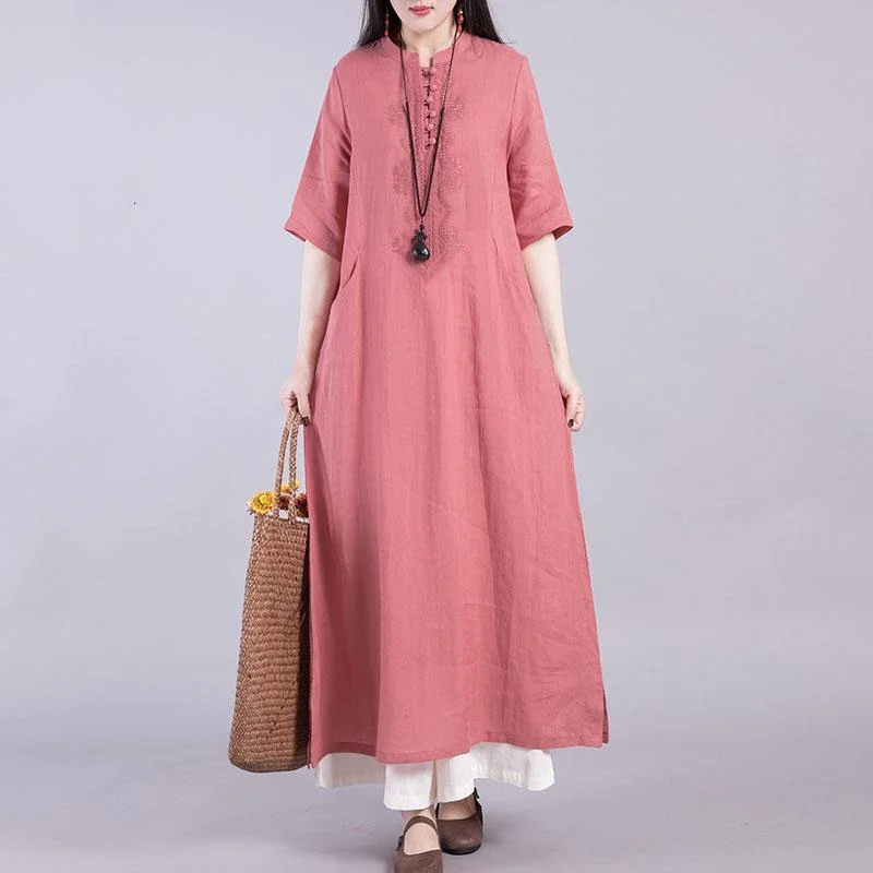 DIY Stand Collar Linen Clothes Outfits Purple Dresses Summer