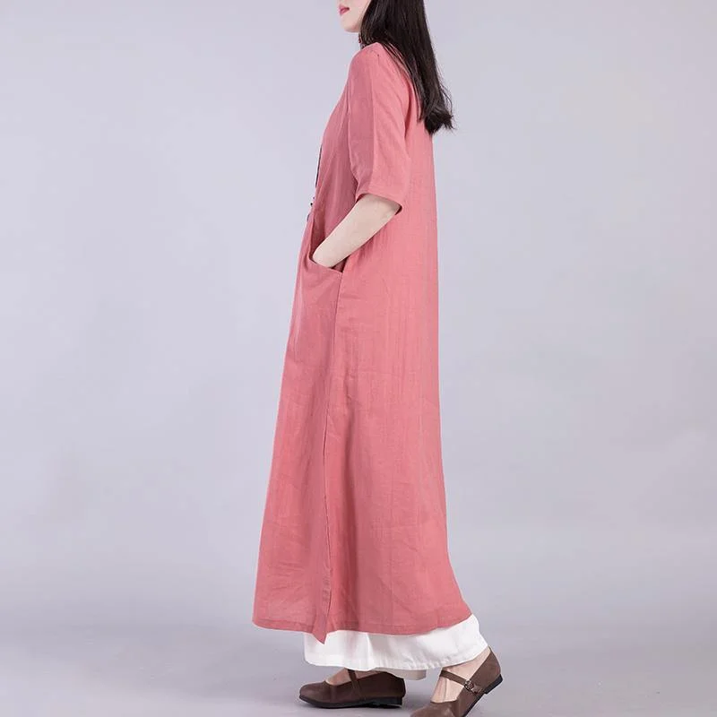 DIY Stand Collar Linen Clothes Outfits Purple Dresses Summer