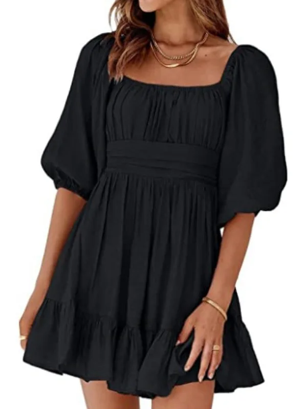 Square Neck Lantern Sleeve Tie Backless Ruffle A-Line Casual Mini Dress