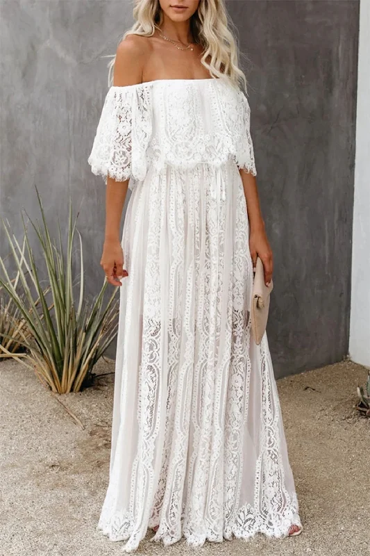 Elegant Off The Shoulder Ivory Lace Beach Wedding Dresses Y0306