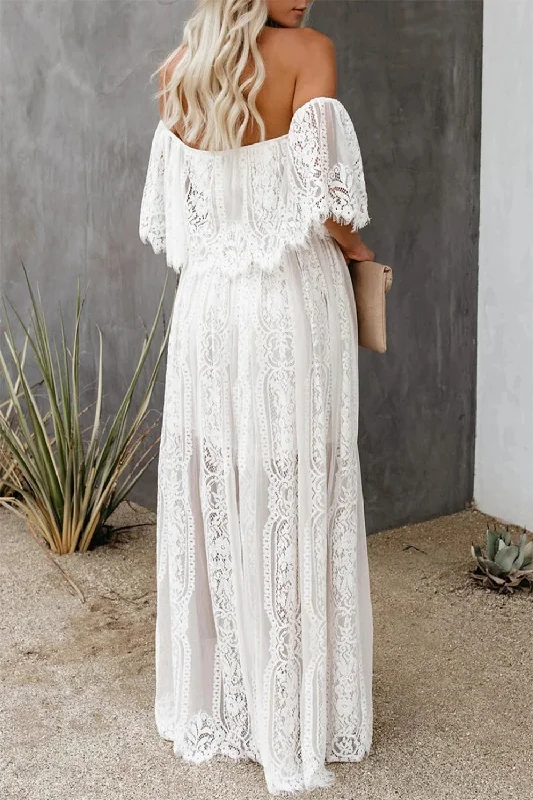 Elegant Off The Shoulder Ivory Lace Beach Wedding Dresses Y0306