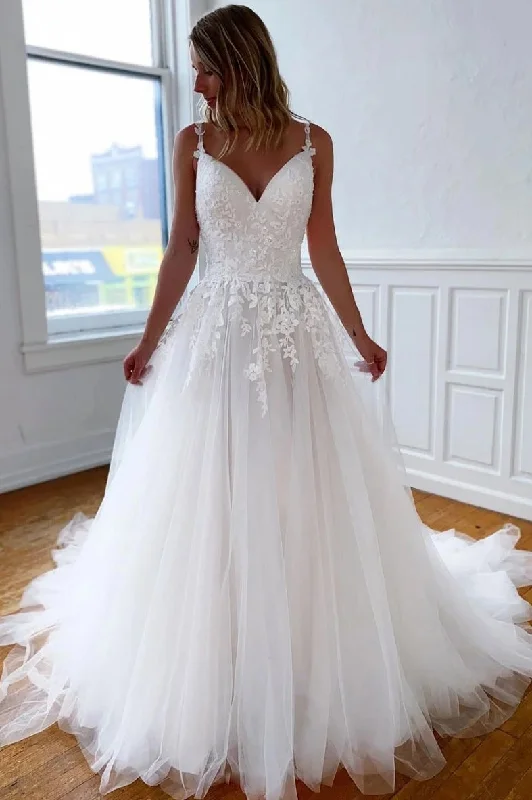 Elegant Spaghetti Straps Lace Tulle Long Open Back Wedding Dresses Y0342