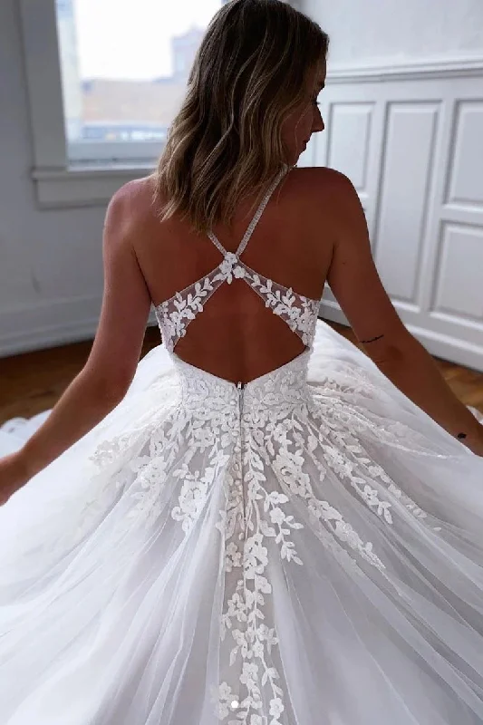 Elegant Spaghetti Straps Lace Tulle Long Open Back Wedding Dresses Y0342