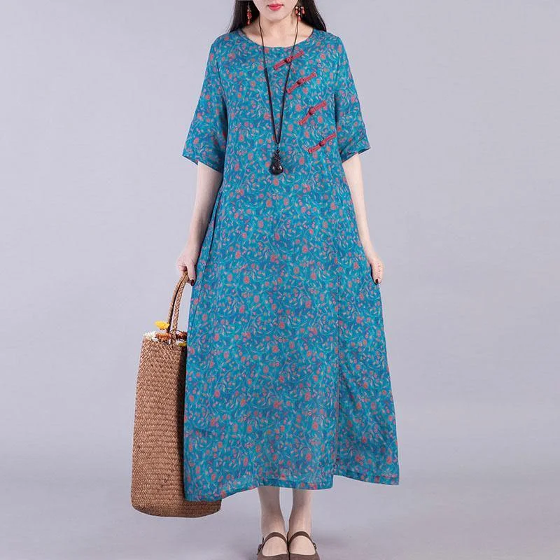 French Chinese Button linen outfit Runway blue prints Dresses summer