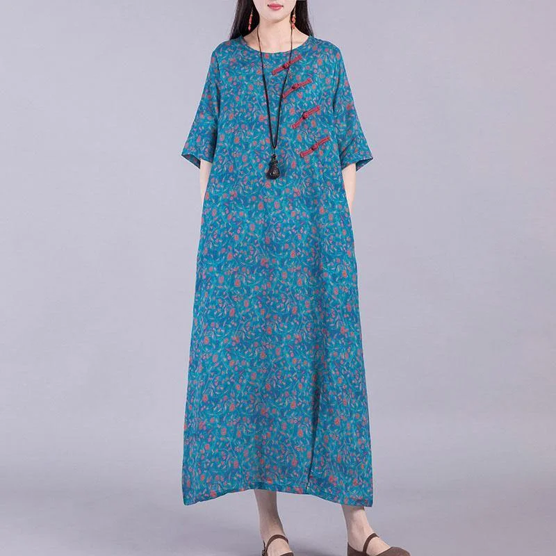 French Chinese Button linen outfit Runway blue prints Dresses summer