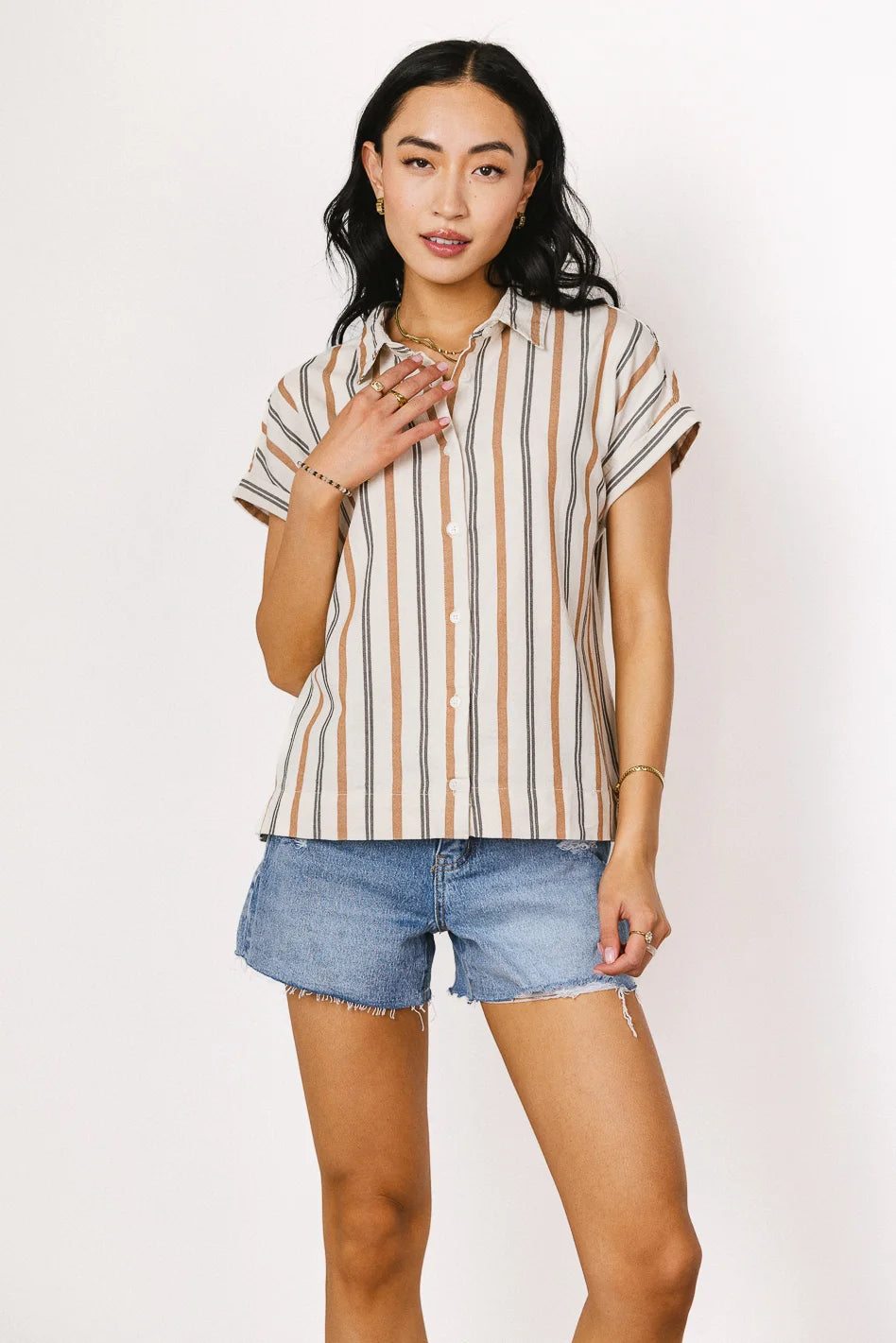 Gabby Striped Button Up in Tan