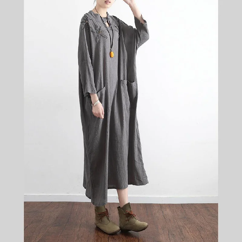 gray casual  stylish linen dress pockets long sleeve sundress embroidery vintage maxi dress