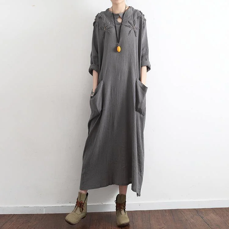 gray casual  stylish linen dress pockets long sleeve sundress embroidery vintage maxi dress