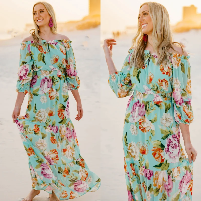 Last Chance Size Small & Medium | In Focus Light Off the Shoulder Floral Maxi Dress in Mint Green