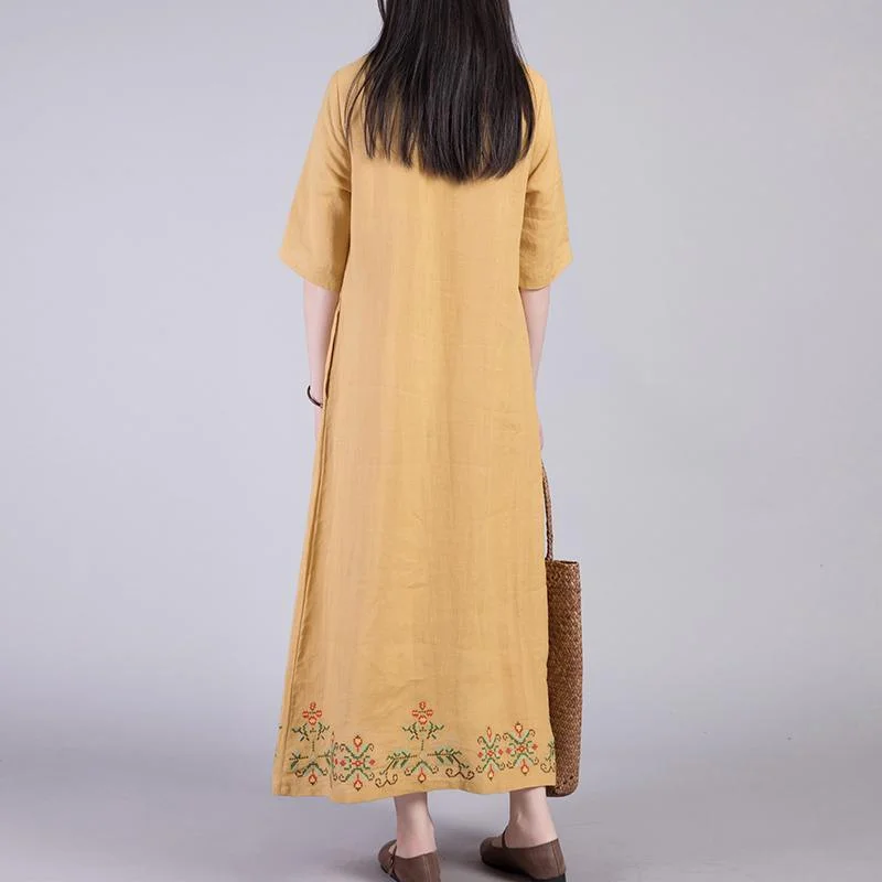 Italian o neck linen clothes Shirts yellow embroidery Dresses summer