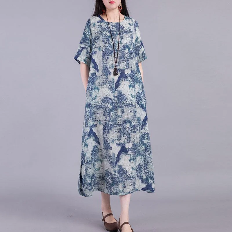 Loose prints linen Robes Fashion Ideas blue side open Dress summer