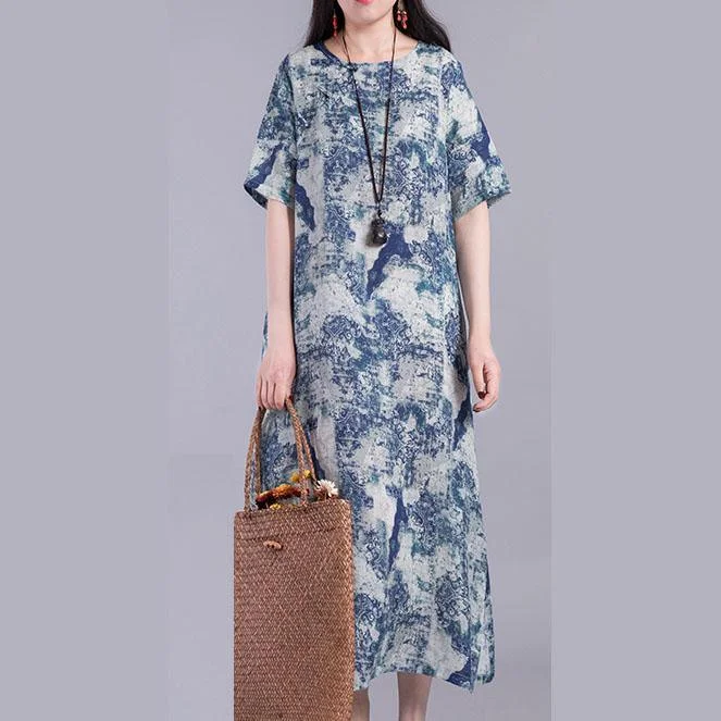 Loose prints linen Robes Fashion Ideas blue side open Dress summer