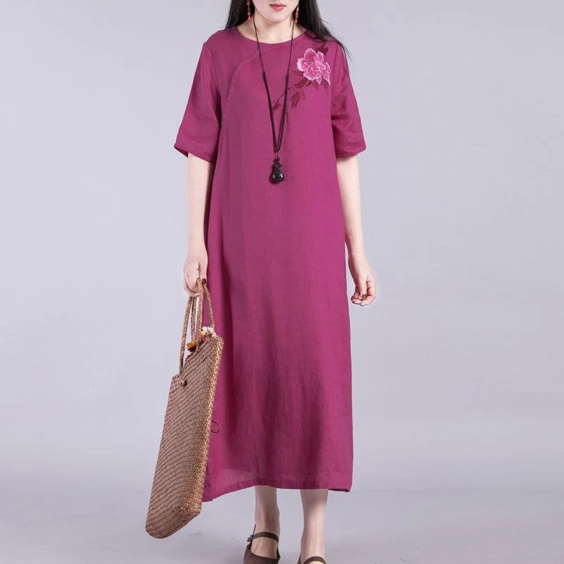 Loose side open linen dress Work Outfits green embroidery Dress summer