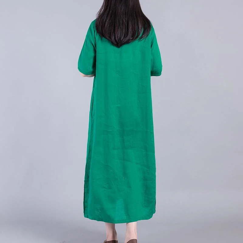 Loose side open linen dress Work Outfits green embroidery Dress summer