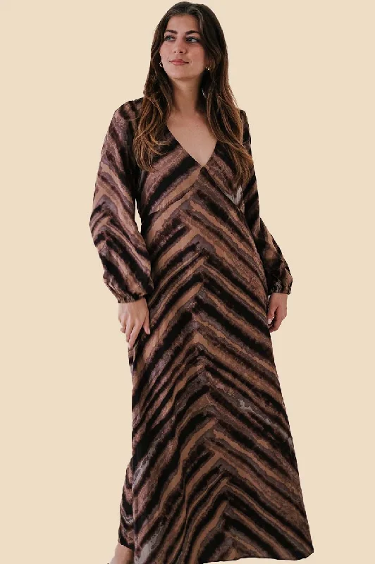 Maeve Neutral Sepia Ruffle Sleeve Maxi Dress