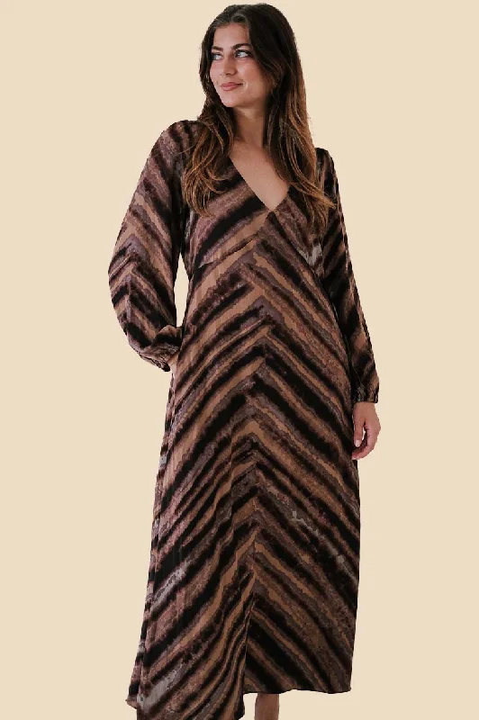 Maeve Neutral Sepia Ruffle Sleeve Maxi Dress