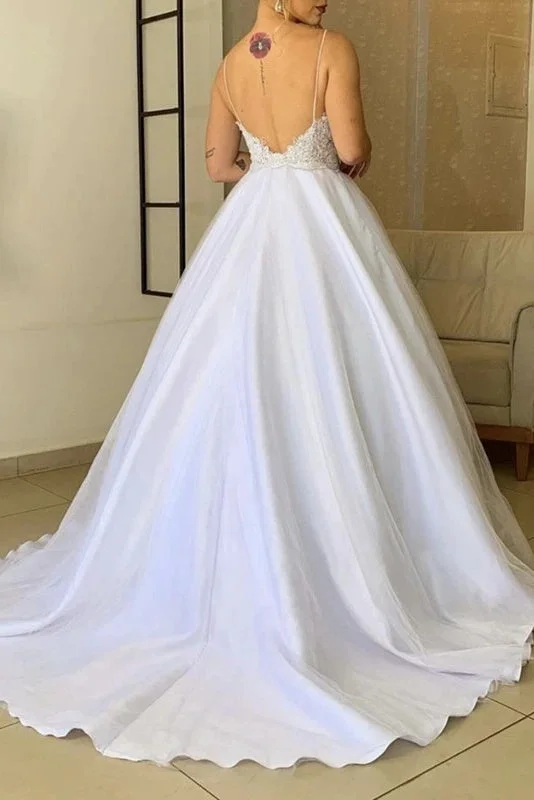 Modest Spaghetti Straps Satin Long Wedding Dresses For Women Y0161