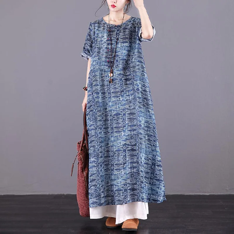 Natural O Neck Pockets Chiffon Long Wardrobes Blue Print Dresses Summer