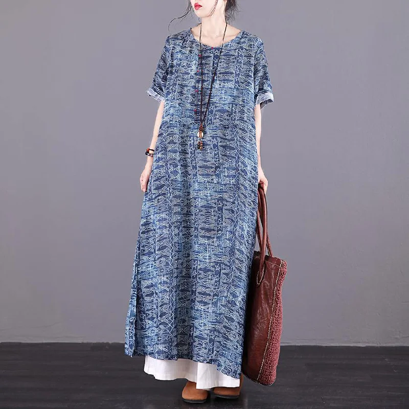 Natural O Neck Pockets Chiffon Long Wardrobes Blue Print Dresses Summer