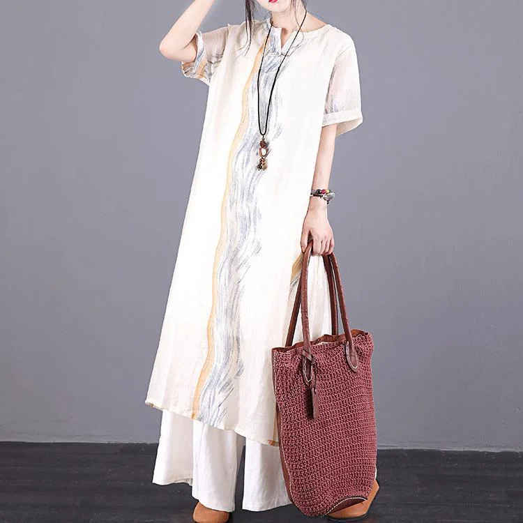 Natural o neck pockets linen Wardrobes Tunic beige print Dress summer