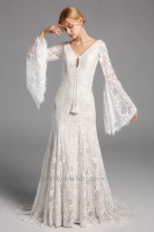 New Arrival Boho Long Sleeves Lace Beach Wedding Dress Chic Bridal Gowns Y0133