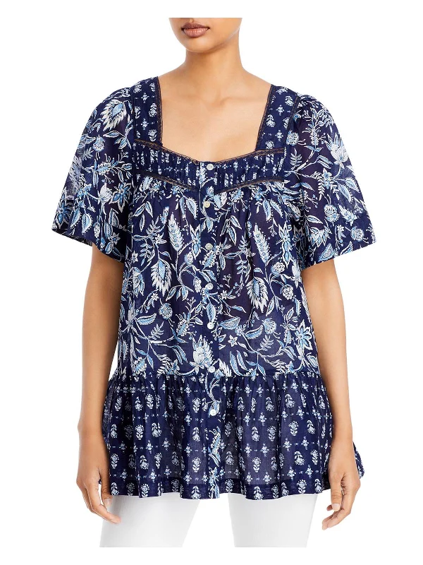 Nica Womens Square Neck Printed Button-Down Top