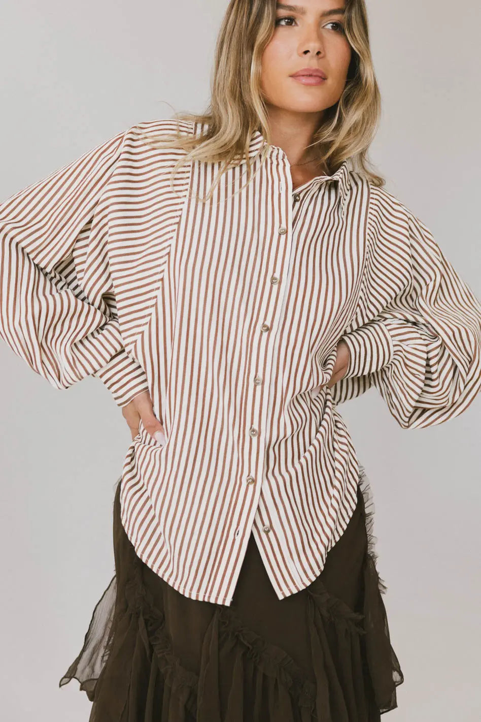 Niri Striped Button Up in Brown