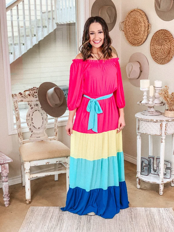 Soul of Sunshine Off the Shoulder Color Block Maxi Dress in Pink, Yellow, and Blue