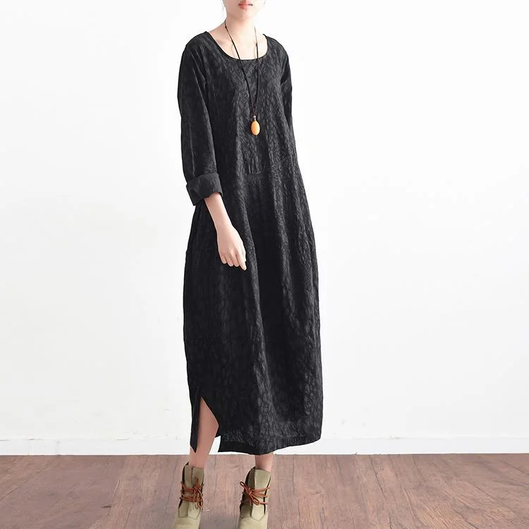 original black print maxi dress plus size vintage cotton dress long sleeve sundress