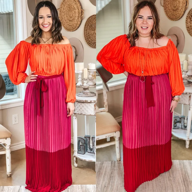 Last Chance Size Small & Medium | Walk On The Bright Side Pleated Off the Shoulder Color Block Maxi Dress in Pink