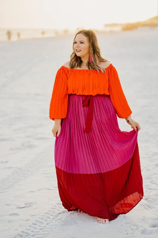 Last Chance Size Small & Medium | Walk On The Bright Side Pleated Off the Shoulder Color Block Maxi Dress in Pink