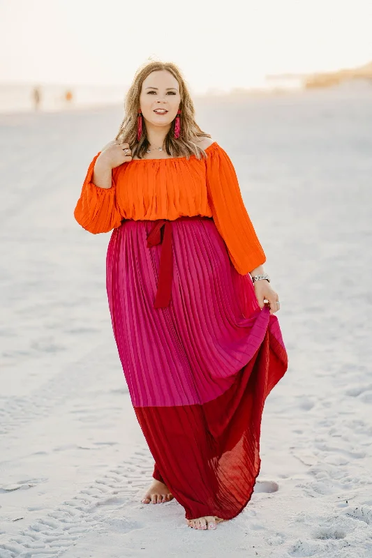 Last Chance Size Small & Medium | Walk On The Bright Side Pleated Off the Shoulder Color Block Maxi Dress in Pink