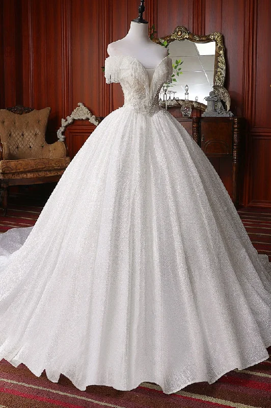 Pretty Off The Shoulder Ball Gown Beading Wedding Dress Modest Bridal Gowns Y0106