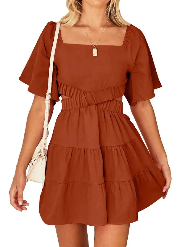 Shy Velvet Crossover Waist Casual Party Square Neck Short Sleeves Mini Dress