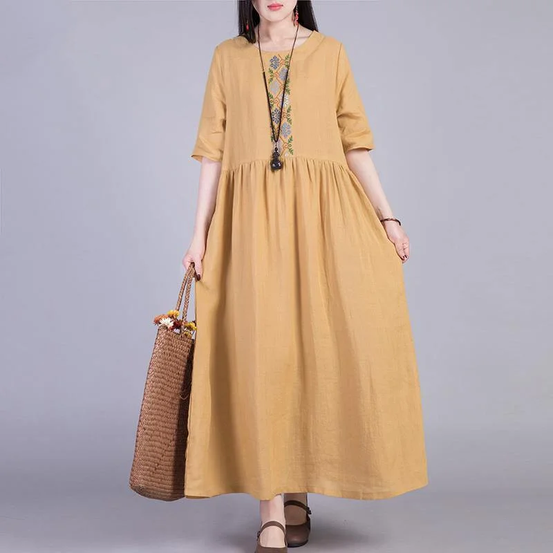 Simple Half Sleeve Linen Dresses Runway Yellow Dresses Summer ( Limited Stock)