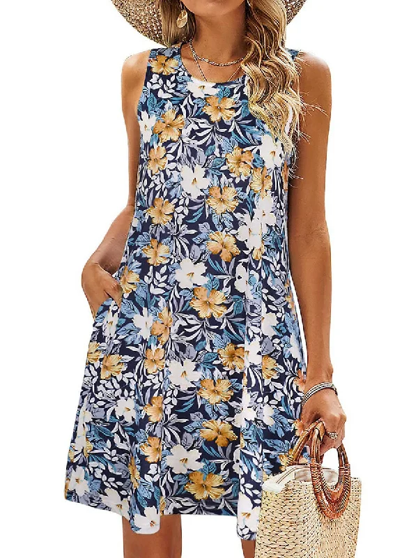 Simple Fun Beach Floral Casual Pockets Boho  Mini Dress