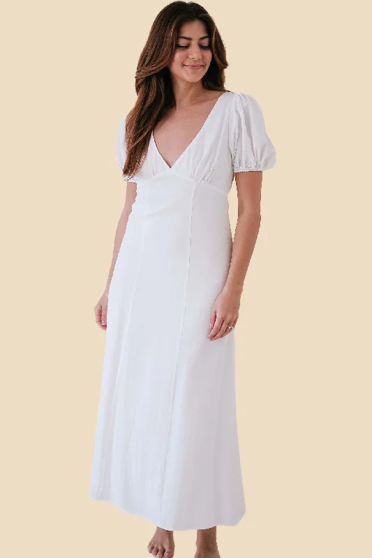 Summer Off White Puff Sleeve Empire Maxi Dress (L)