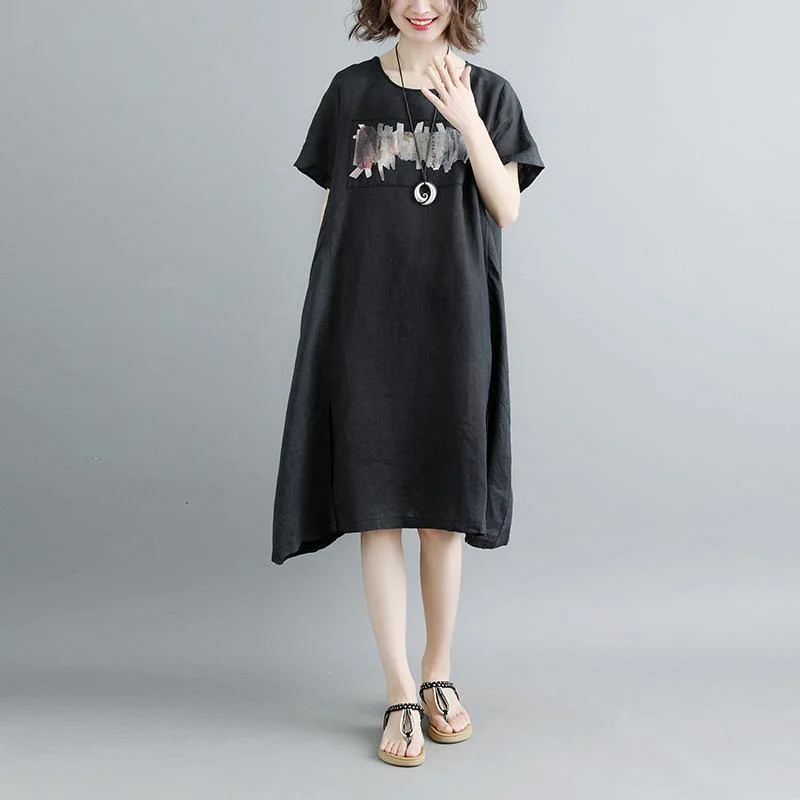 top quality cotton dresses Loose fitting Casual Summer Short Sleeve Black Pockets Slit Dress