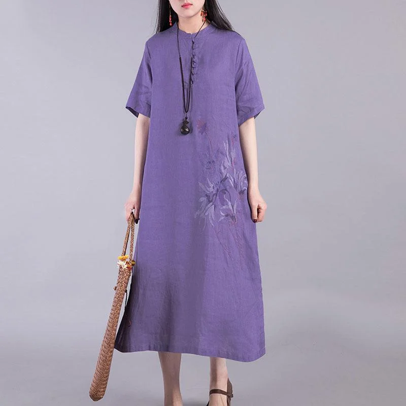 Unique short sleeve linen Long Shirts Outfits purple Dresses summer