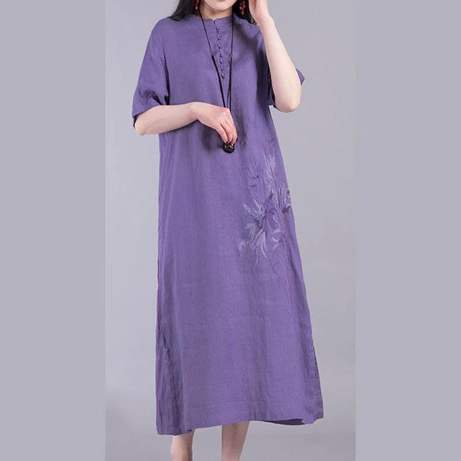 Unique short sleeve linen Long Shirts Outfits purple Dresses summer