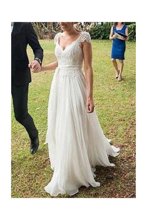 A Line Ivory V-Neck Cap Sleeves Lace Chiffon Beach Wedding Dresses N09