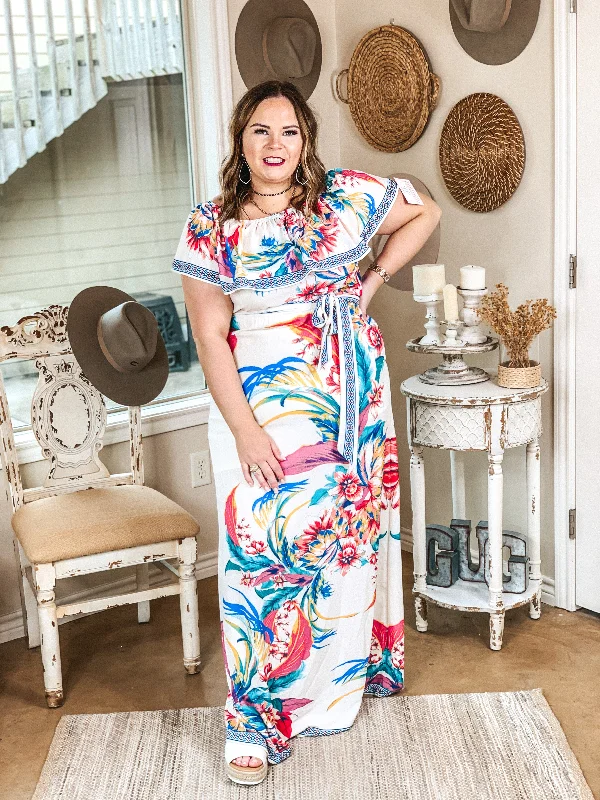 Last Chance Size Small | Bahama Breeze Off The Shoulder Ruffle Floral Maxi Dress in Ivory | ONLY 1 LEFT!