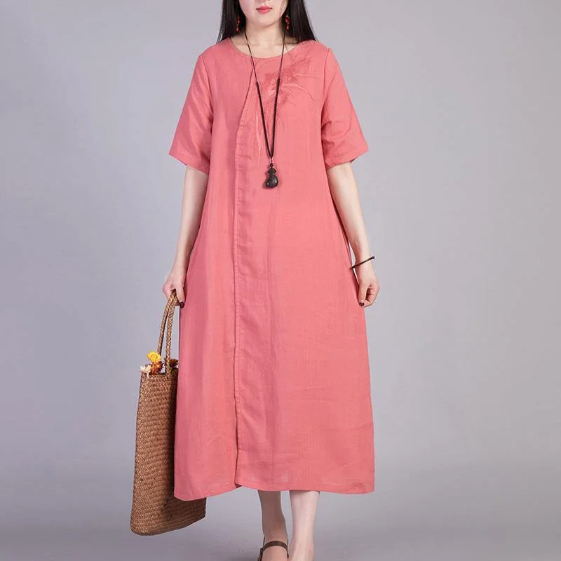 Women embroidery cotton Robes design light red Dress summer