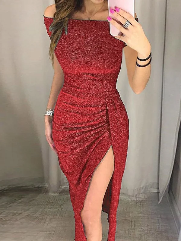 Women's Dresses One-Line Neck Shiny Slit Evening Dress