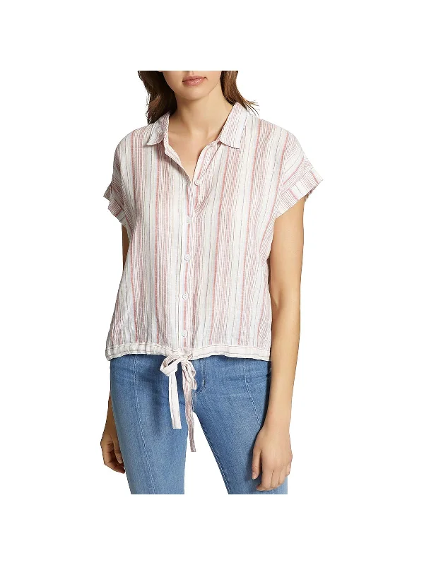 Womens Linen Cuff Sleeves Button-Down Top