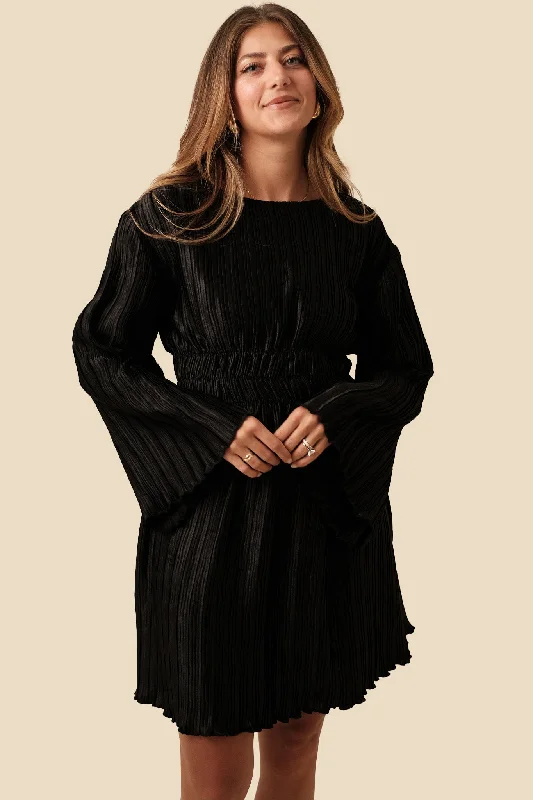 Zuri Black Pleated Flare Sleeve Mini Dress